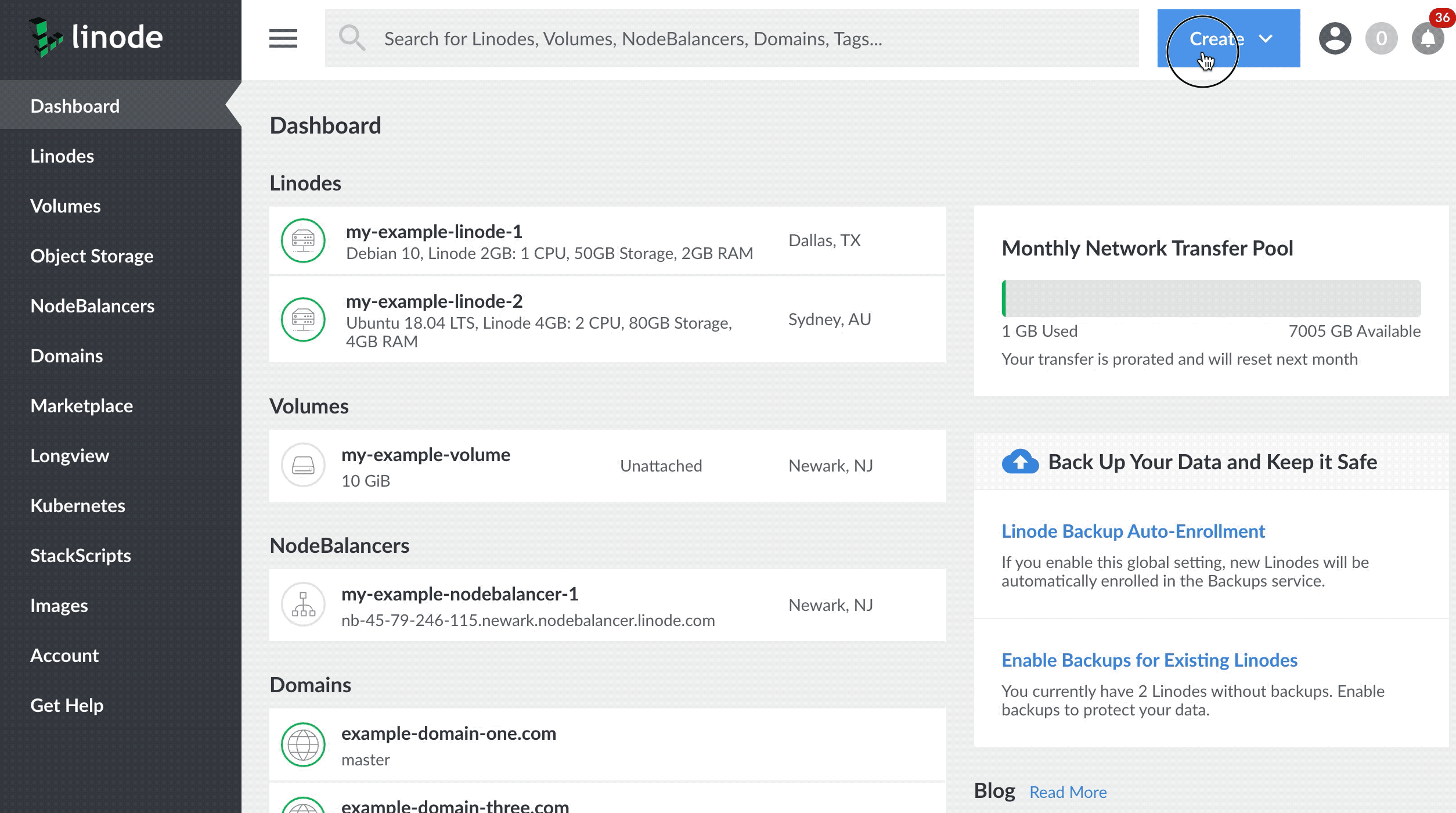 Create a Linode by selecting the image, the region, the plan, and creating a label and a password.