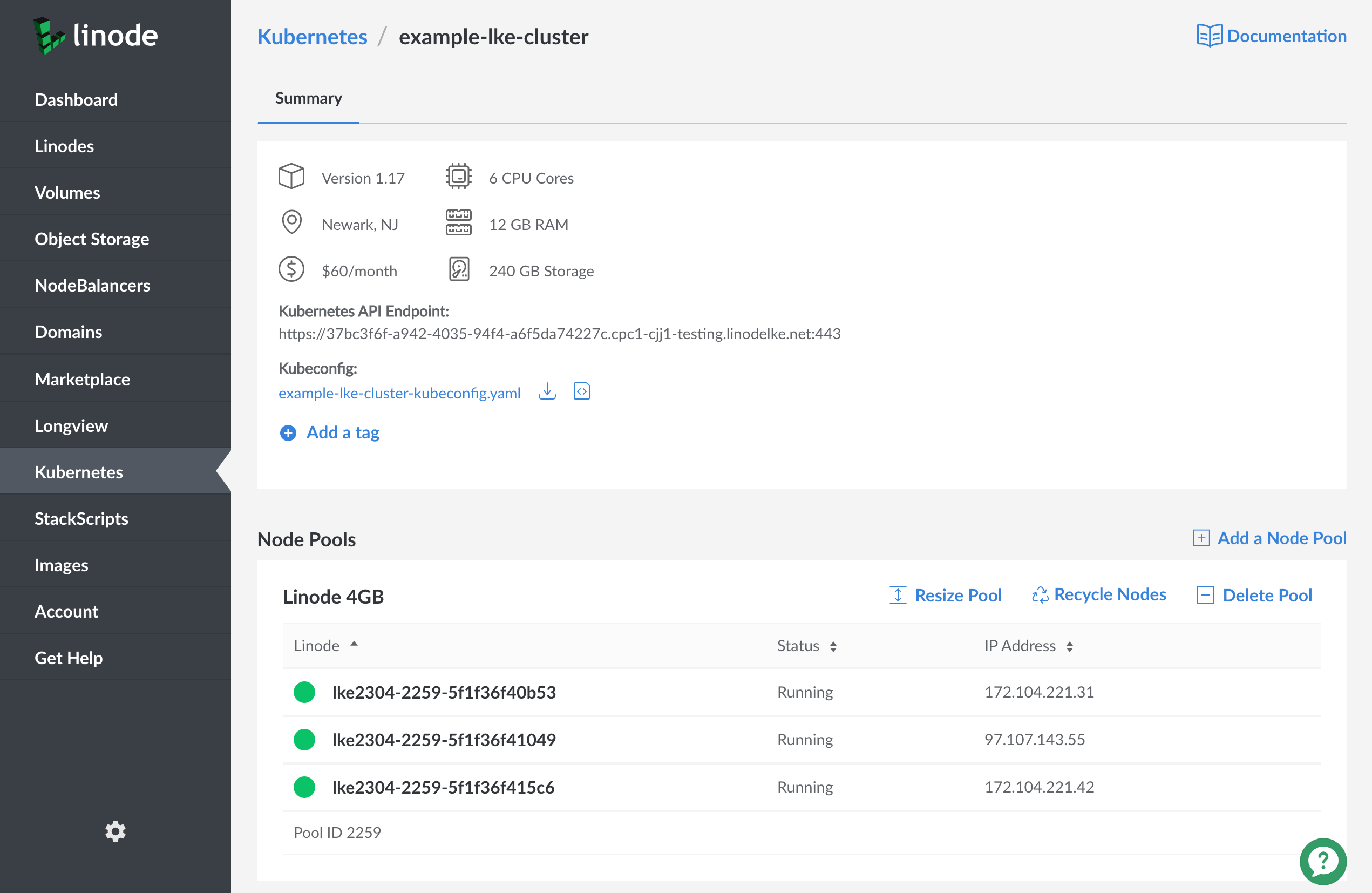 Kubernetes cluster's details page