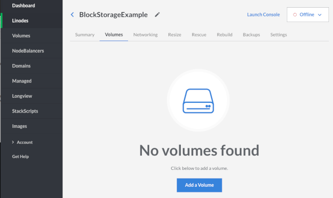 The Linode's Volumes tab shows no attached Volumes