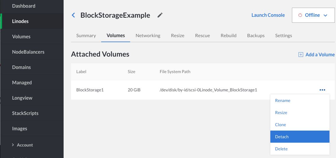 Detach a Volume from a Linode from the Volume menu