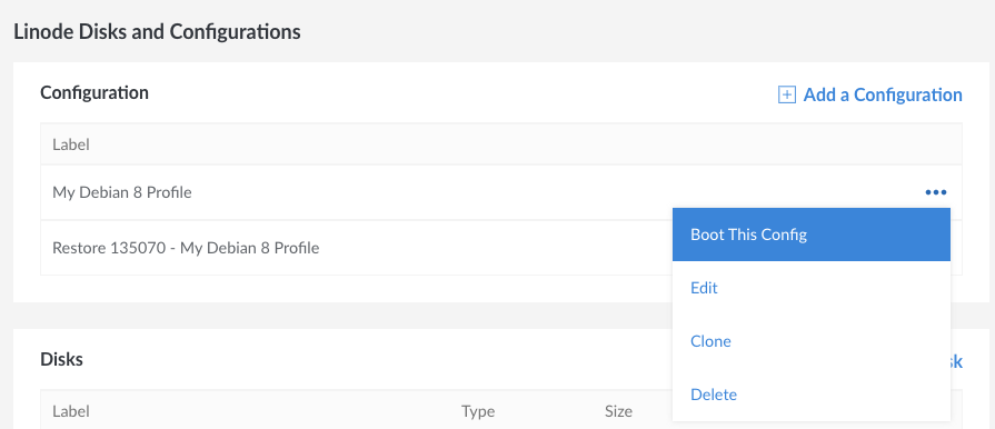 Navigate to the Configurations section of your Linode's Disks/Configs tab
