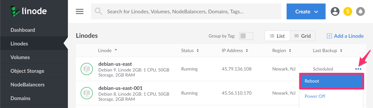 Cloud Manager Linode List Menu Reboot Option