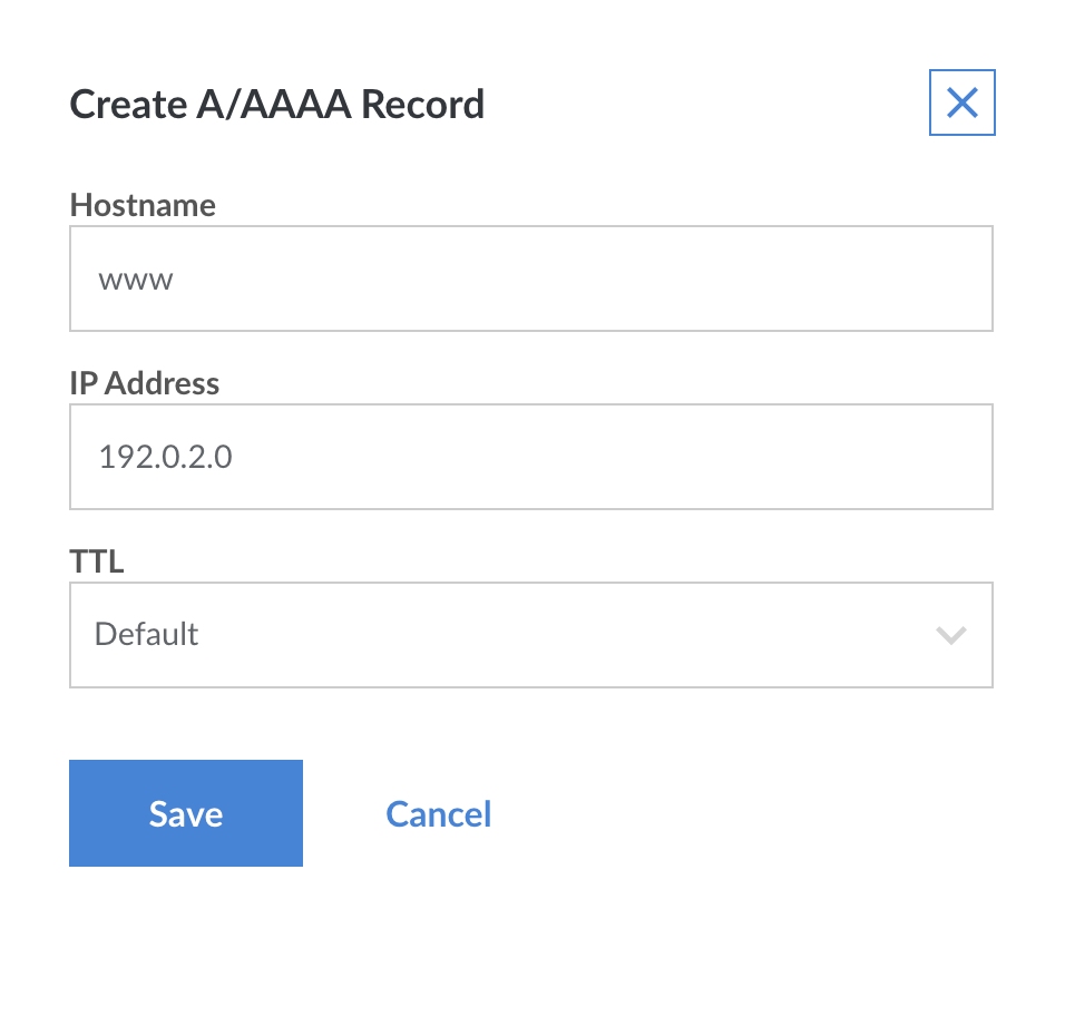 This page allows you to create a new A/AAAA record