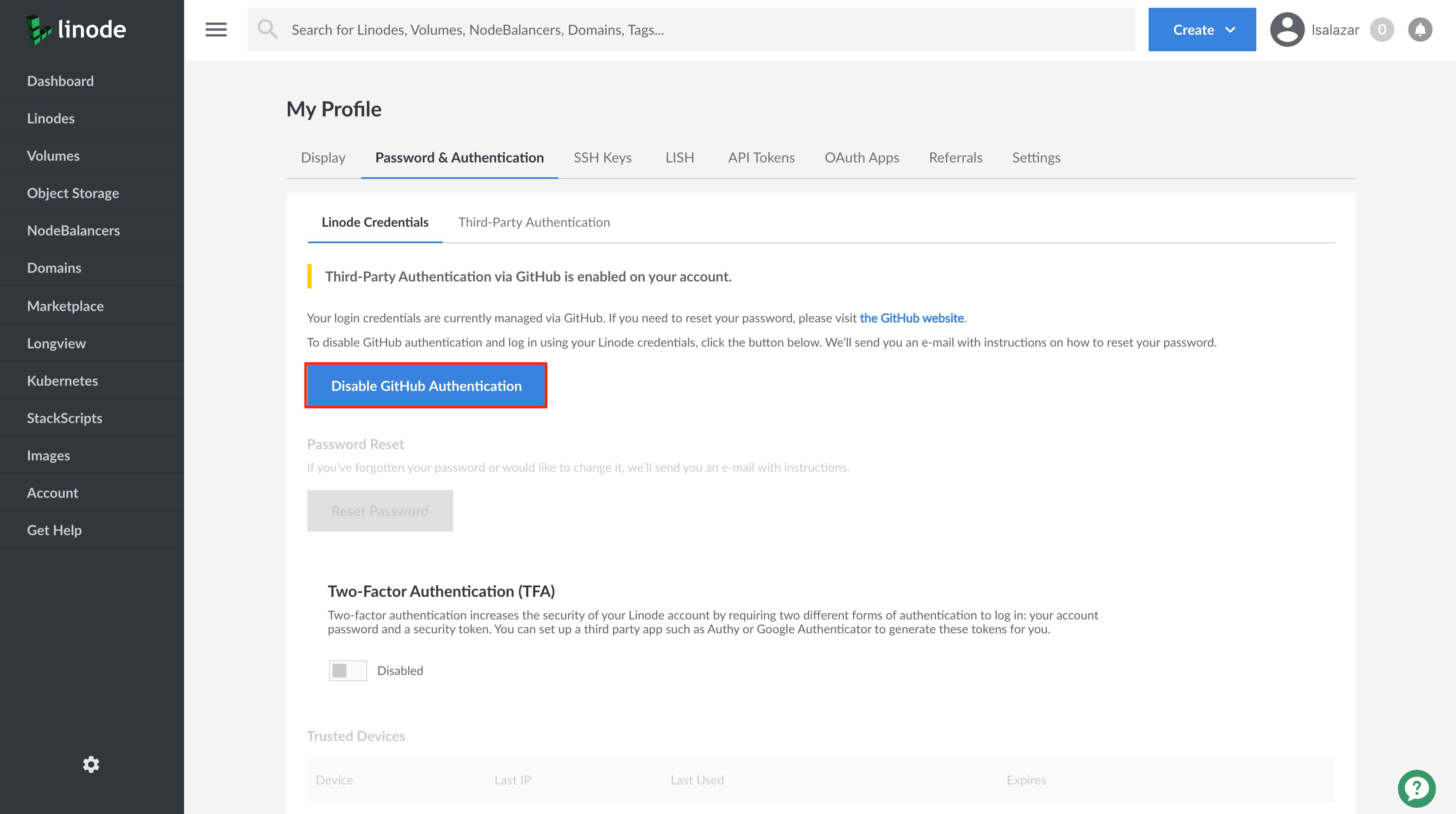 Disable a Third Party Authentication provider.
