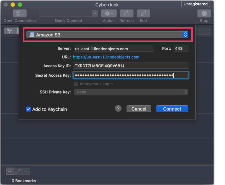 Open Cyberduck and click 'Open Connection' to open the connection menu.