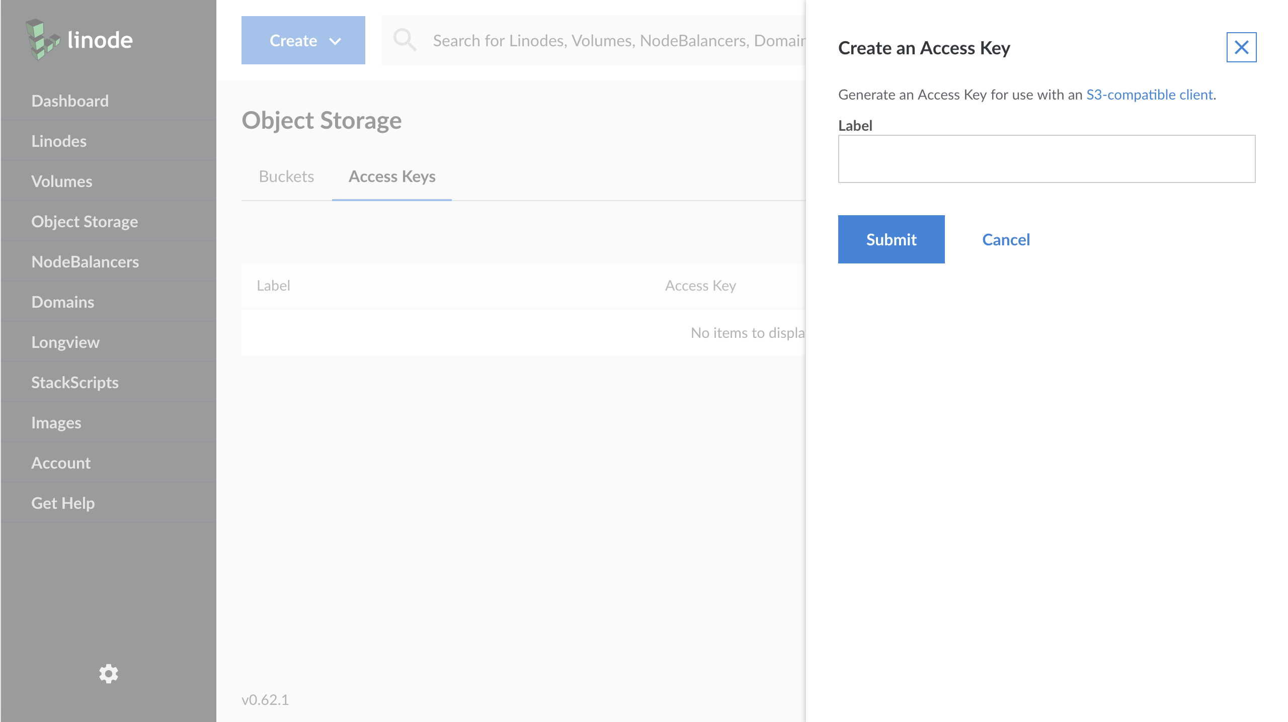 The 'Create an Access Key' menu