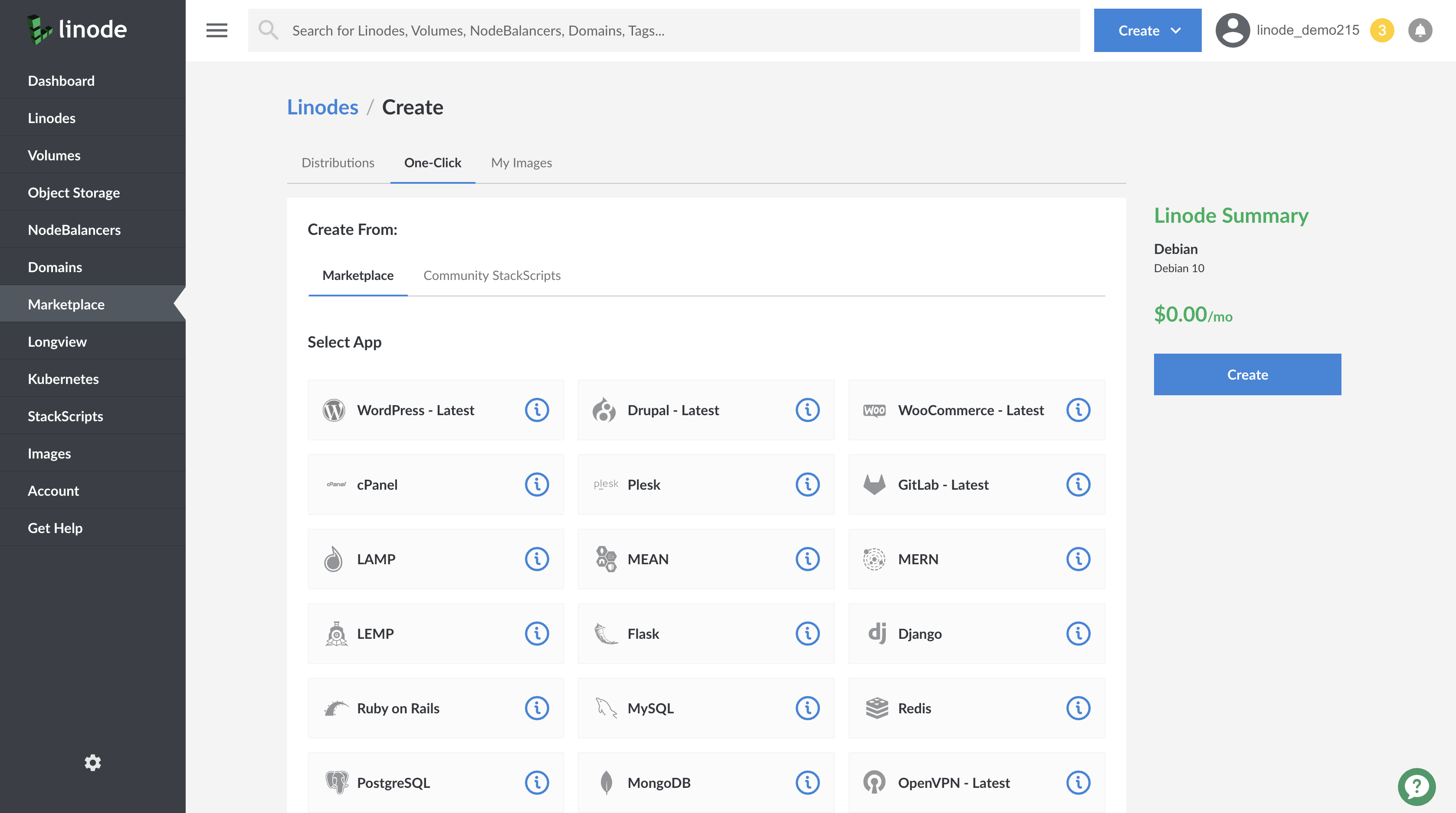 Select a One-Click App to deploy