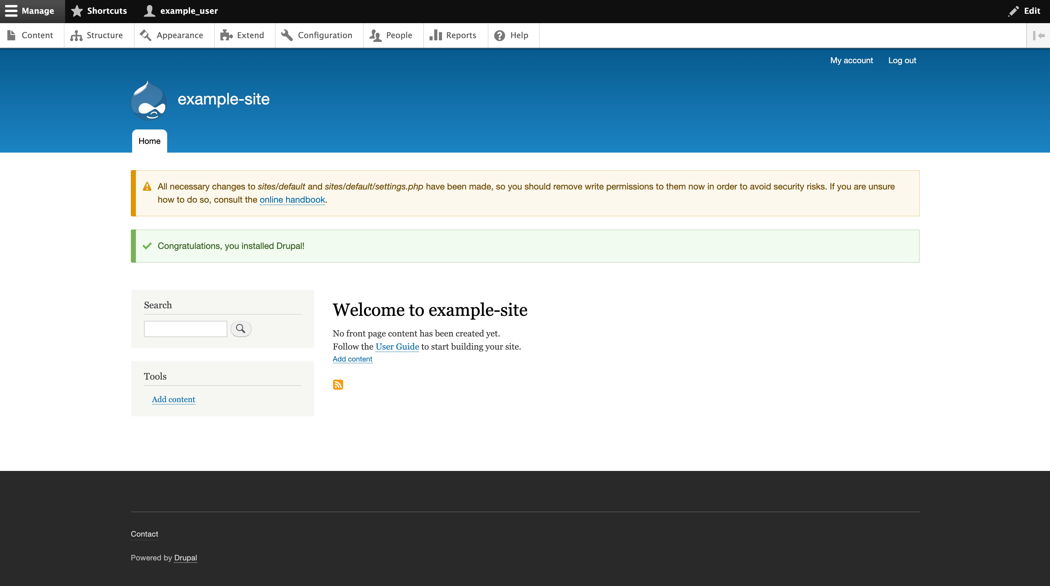 You will be brought to your Drupal site's admin panel where you can begin building your Drupal site.