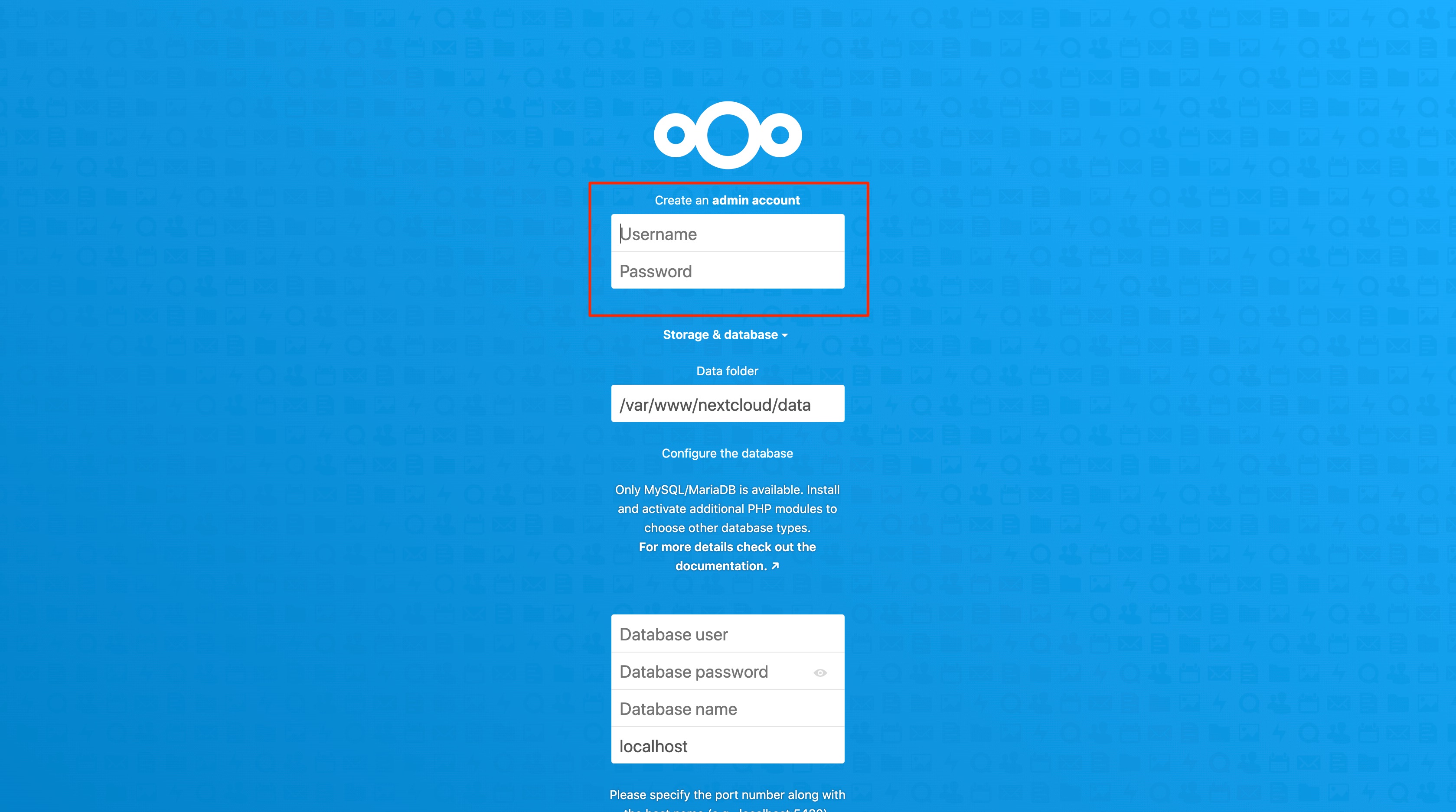 Create a Nextcloud admin account.