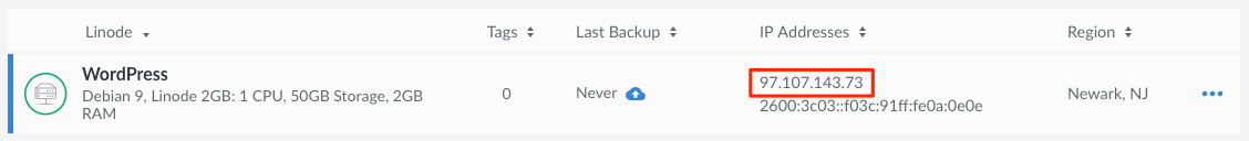 Highlight of a Linode's IP address in list view