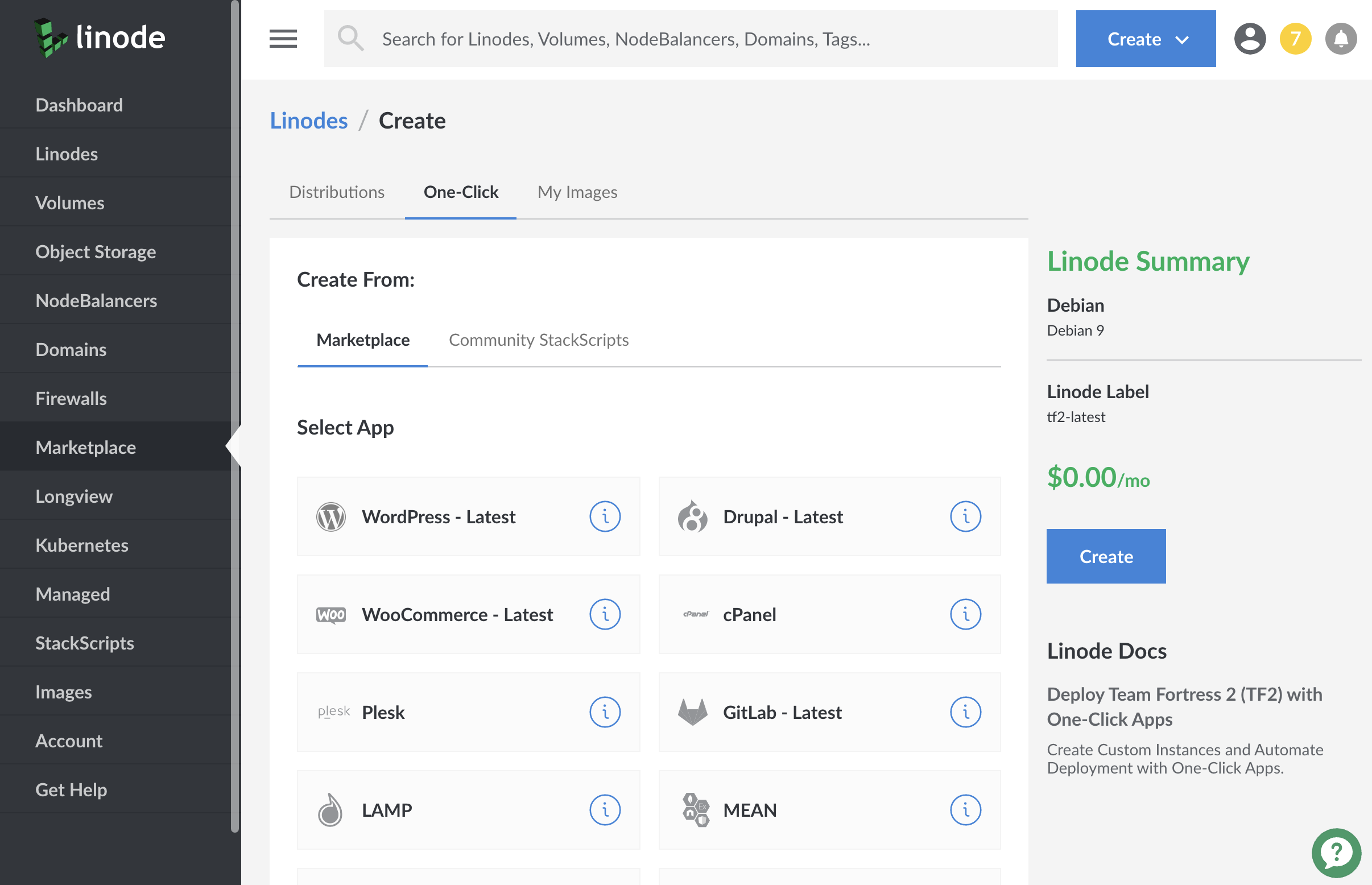 Select the 'One-Click' tab on the Create New Linode page