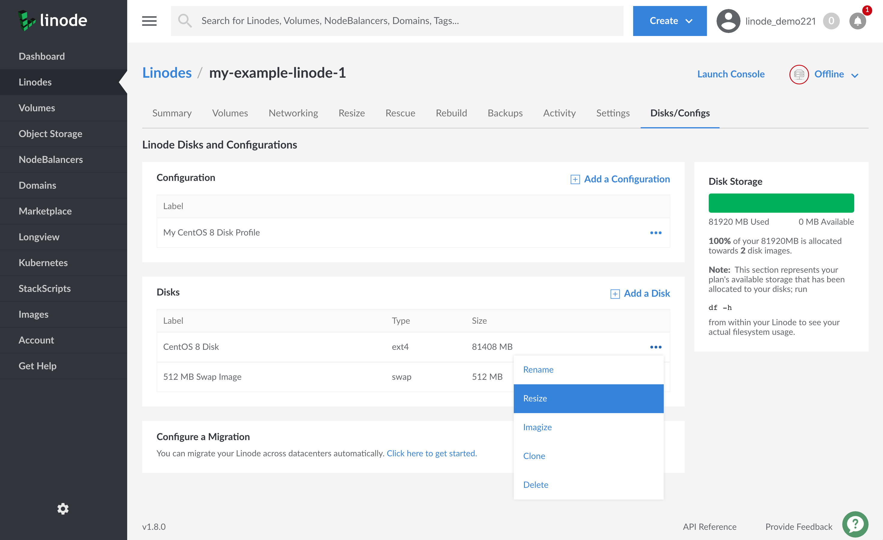 Resize the Linode disk
