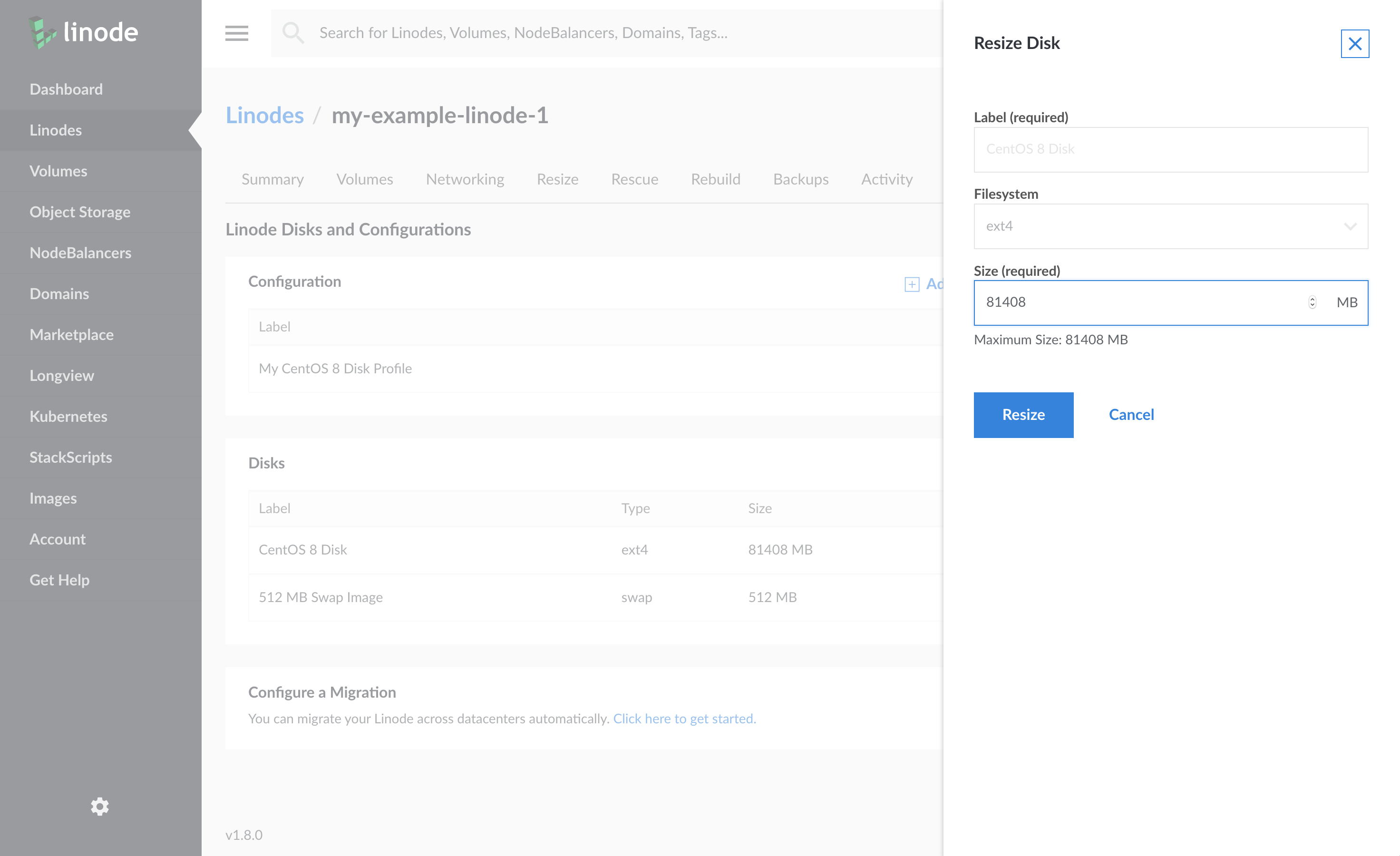 Resize the Linode disk and submit